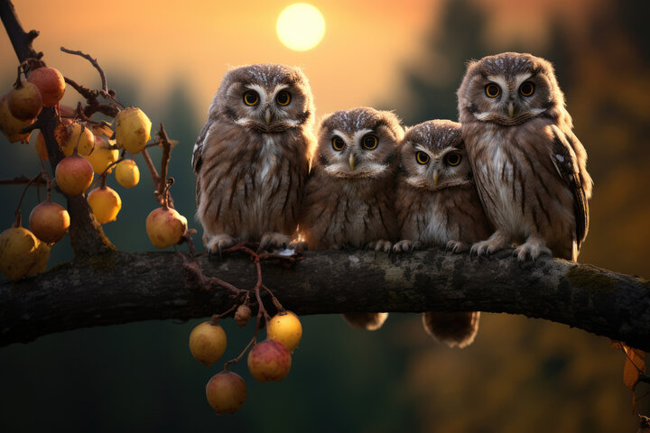group of owls on a branch