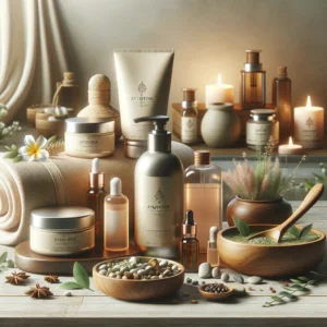 Generate a photorealistic image of Ayurvedic cosmetics, featuring products like herbal creams, essential oils, and natural beauty treatments displayed