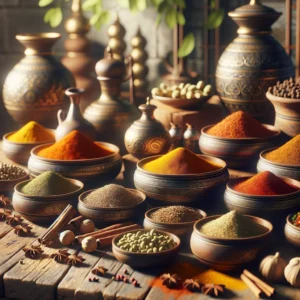 Generate a photorealistic image showcasing a variety of natural spices in an Ayurvedic setting, with spices like turmeric, cumin, coriander, and carda