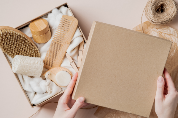 Woman Preparing Gift Beauty Box with Natural Cosmetics Products. Zero Waste, Eco-Friendly, Sustainable Lifestyle.