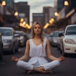 young girl meditating on a road downtown