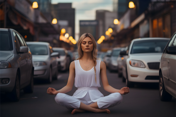 young girl meditating on a road downtown